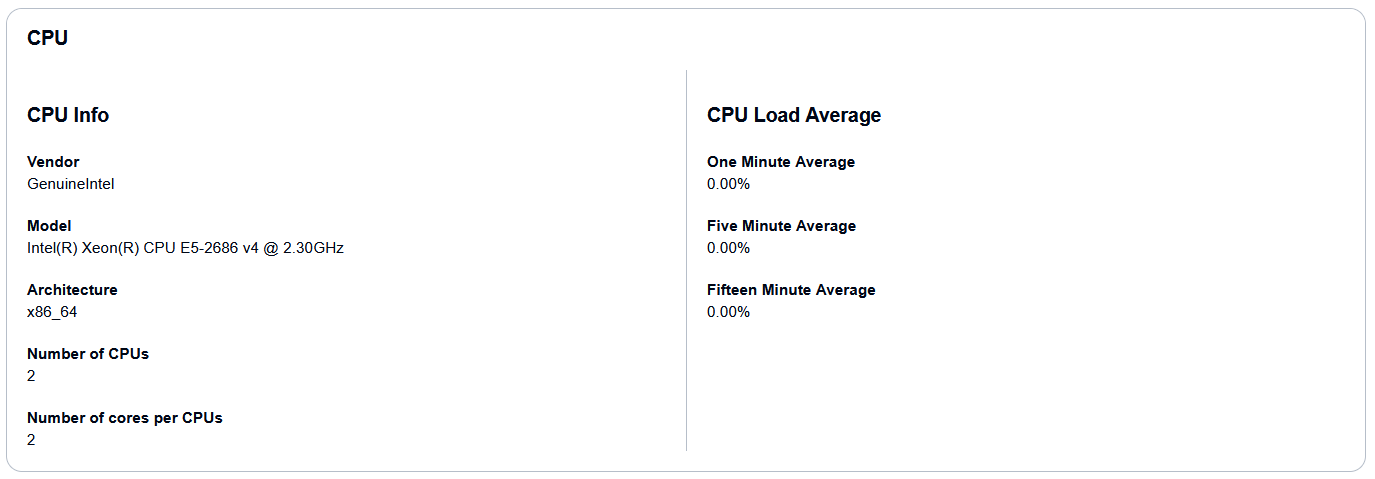 CPU info showing GenuineIntel Xeon E5-2686 v4 processor with 2 CPUs, 2 cores each, and 0% load.
