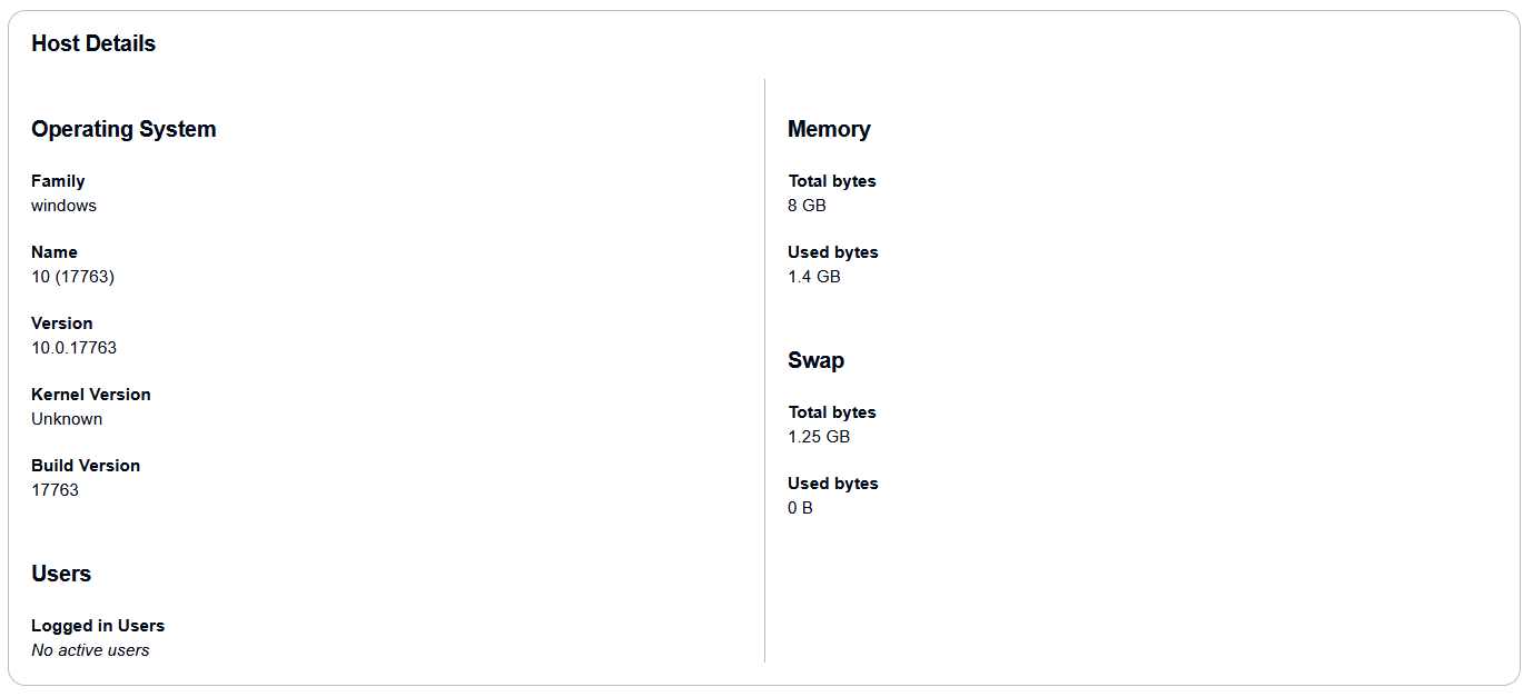 Host details showing Windows 10 OS information, memory usage, and swap space allocation.
