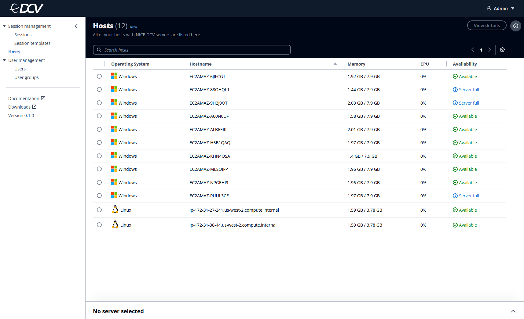 Host management interface showing Windows and Linux servers with memory usage and availability status.