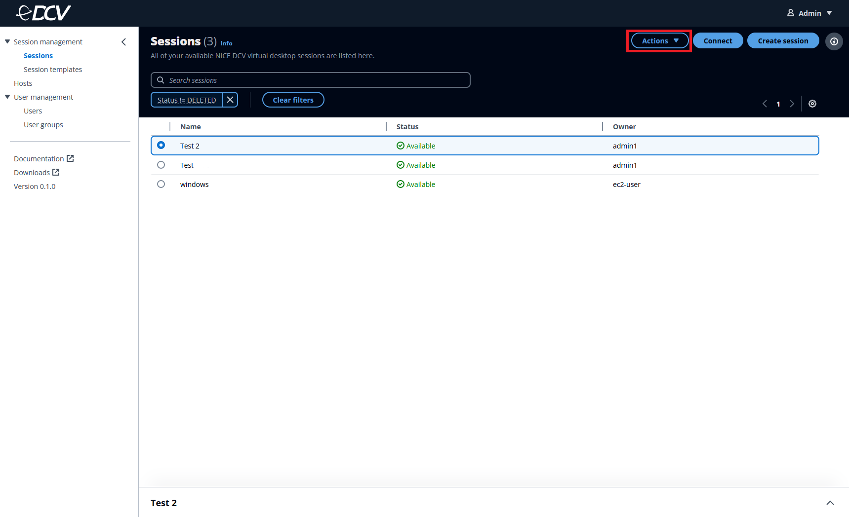 Sessions interface showing available virtual desktop sessions with Actions, Connect, and Create session buttons.