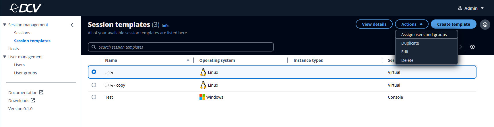 Session templates interface showing three templates with options to manage and create.