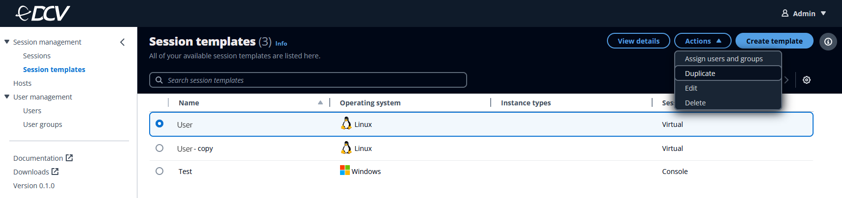 Session templates interface showing list of templates with options to manage and create.