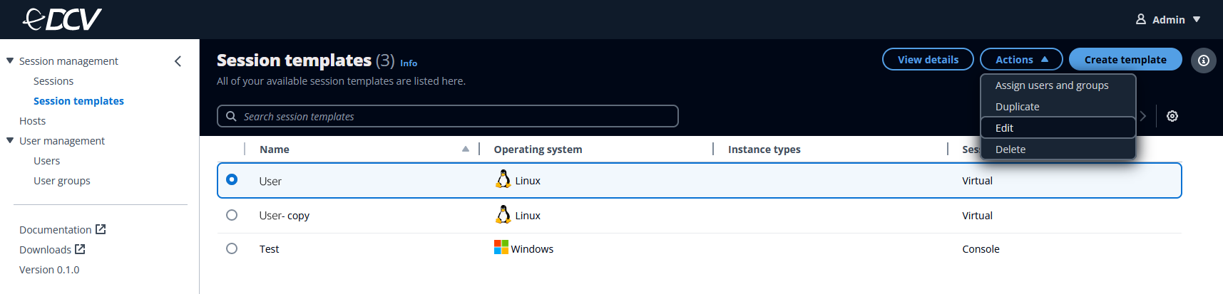 Session templates interface showing list of templates with options to edit or delete.