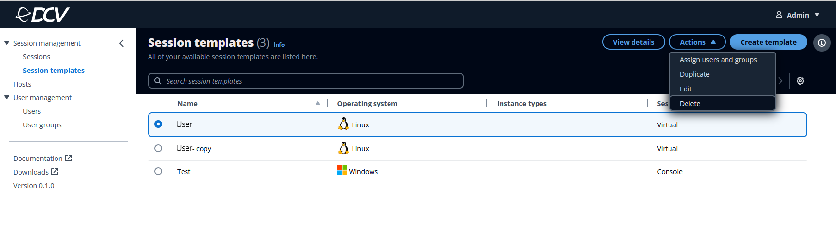 Session templates interface showing options to manage and create templates.