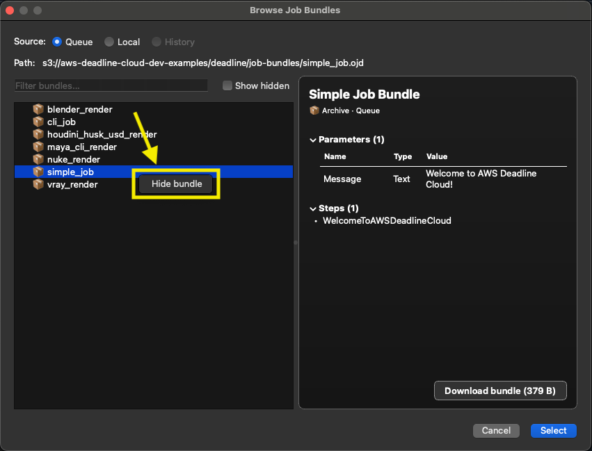The job bundle browser with a bundle selected and its context menu showing the Hide bundle option.