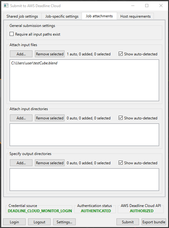 The shared job attachments tab of the Blender submitter.