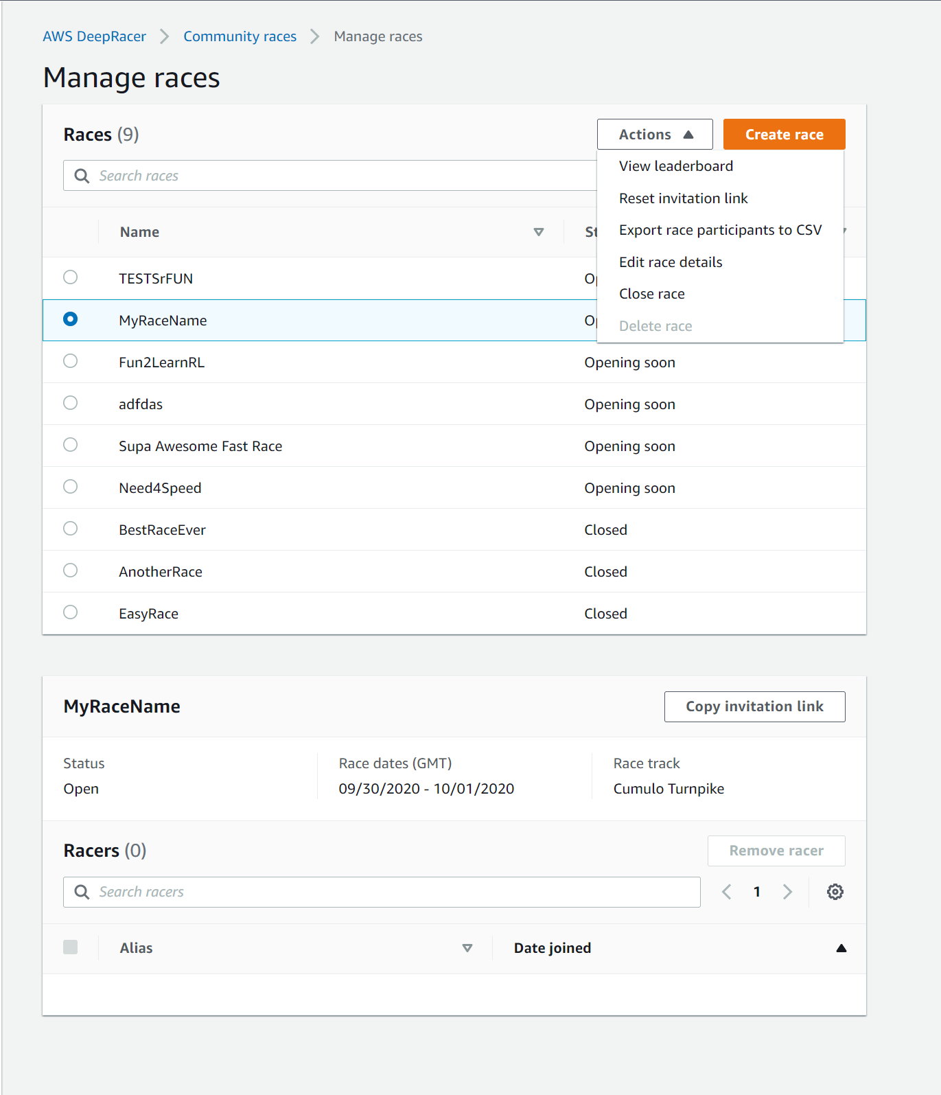 Create a AWS DeepRacer community race.