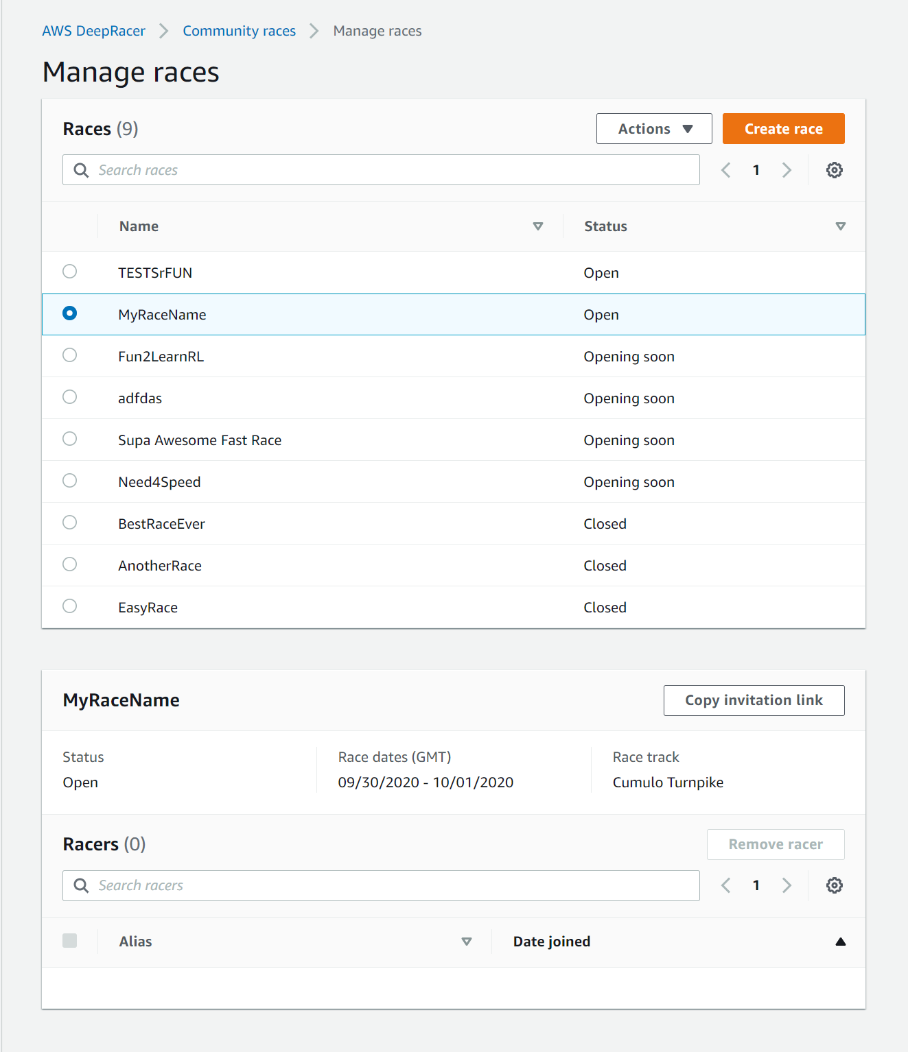 Create a AWS DeepRacer community race.