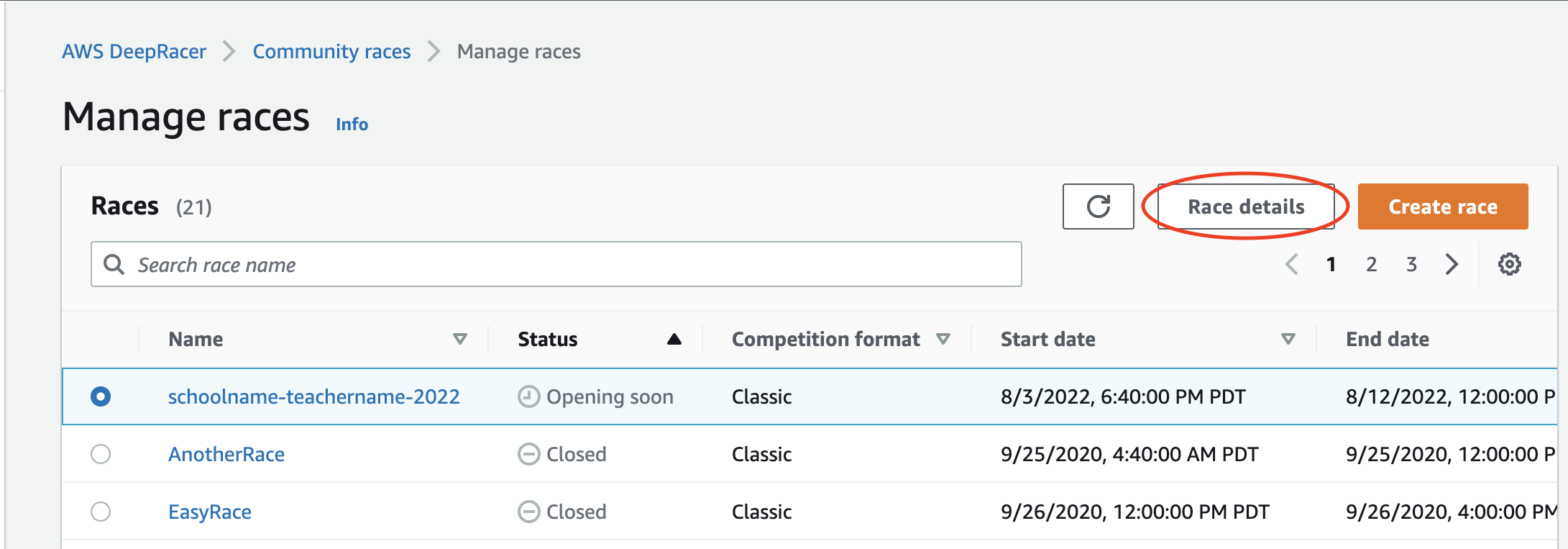 Use a radio button to select the race you want to manage and select the "Edit" button.