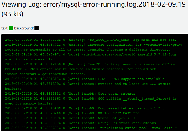 MySQL database error log