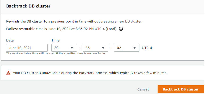 Backtrack DB cluster