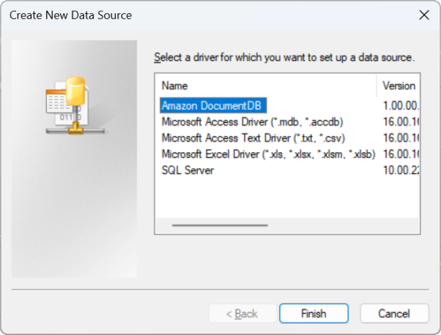 The Create New Data Source interface with the Amazon DocumentDB driver option selected.