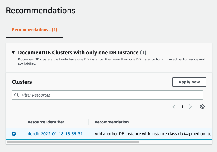 The Recommendations form showing a selected recommended task for an Amazon DocumentDB cluster.