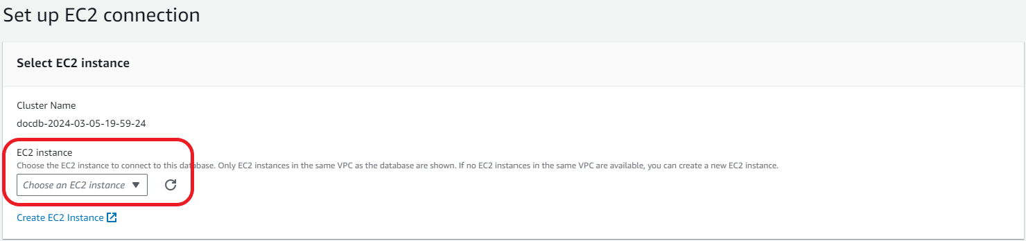 The Set up EC2 connection interface with the EC2 instance dropdown list highlighted.