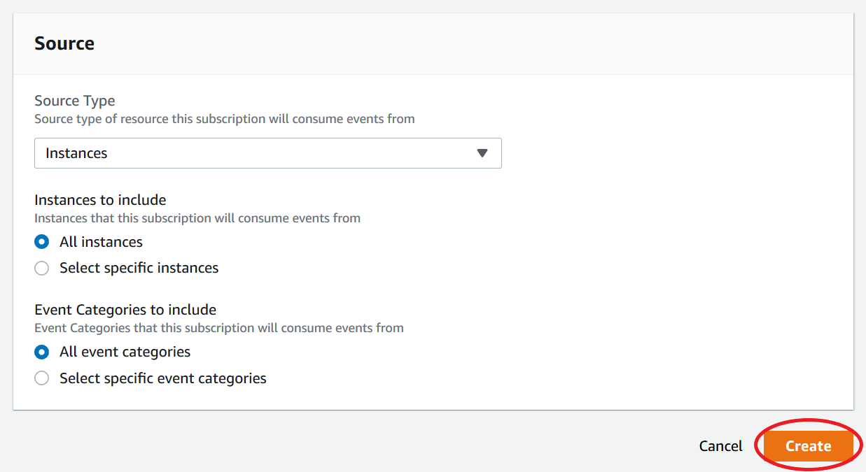 The Source section with the Create button in the lower-right corner.