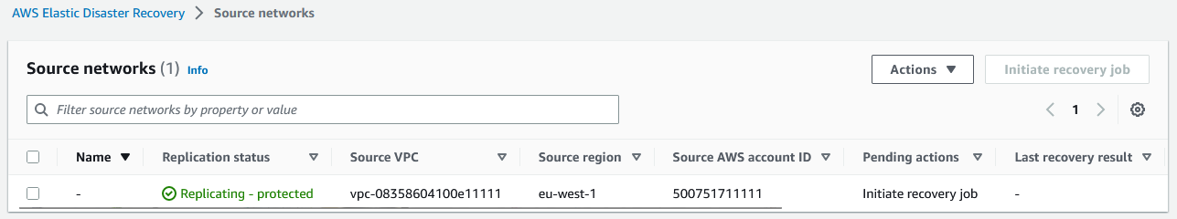 Source networks table showing one network with replication status and details.