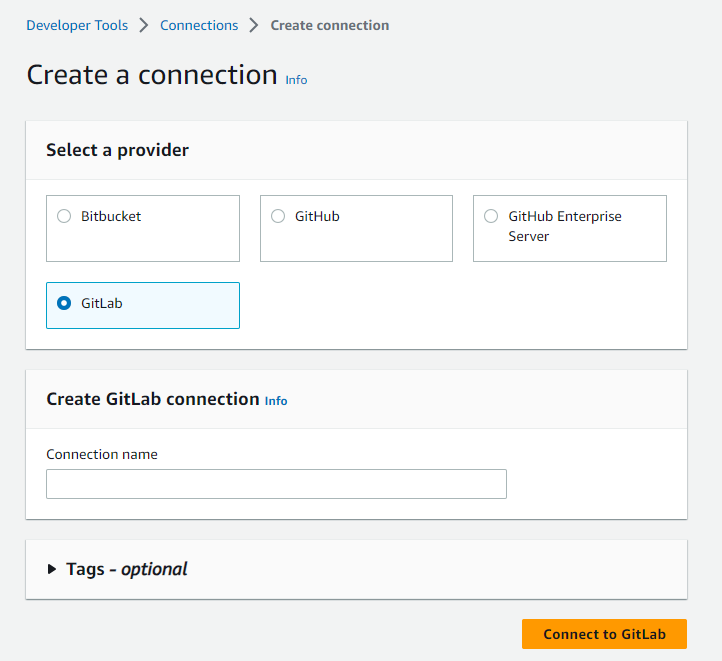 Console screenshot showing connection option selected for GitLab.