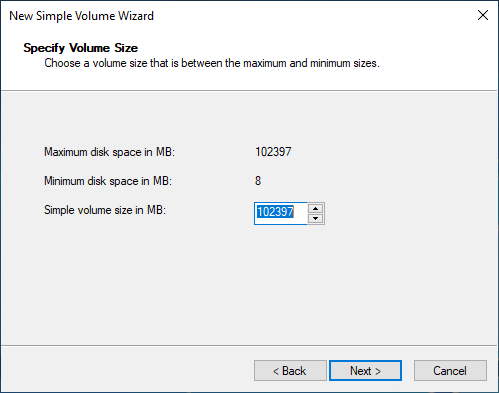Specify the volume size.