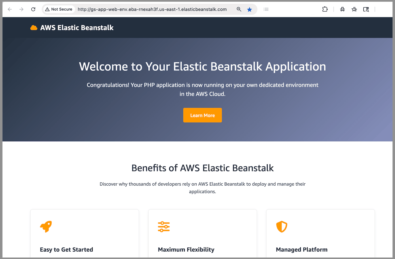 Illustrative example of the Congratulations screen from the sample Elastic Beanstalk application.