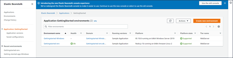Image of the application overview page with a list of application environments on the Elastic Beanstalk console
