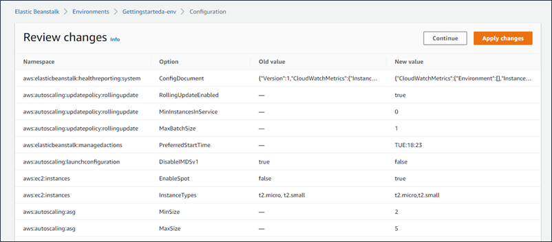 Review changes in the configuration page of the Elastic Beanstalk console