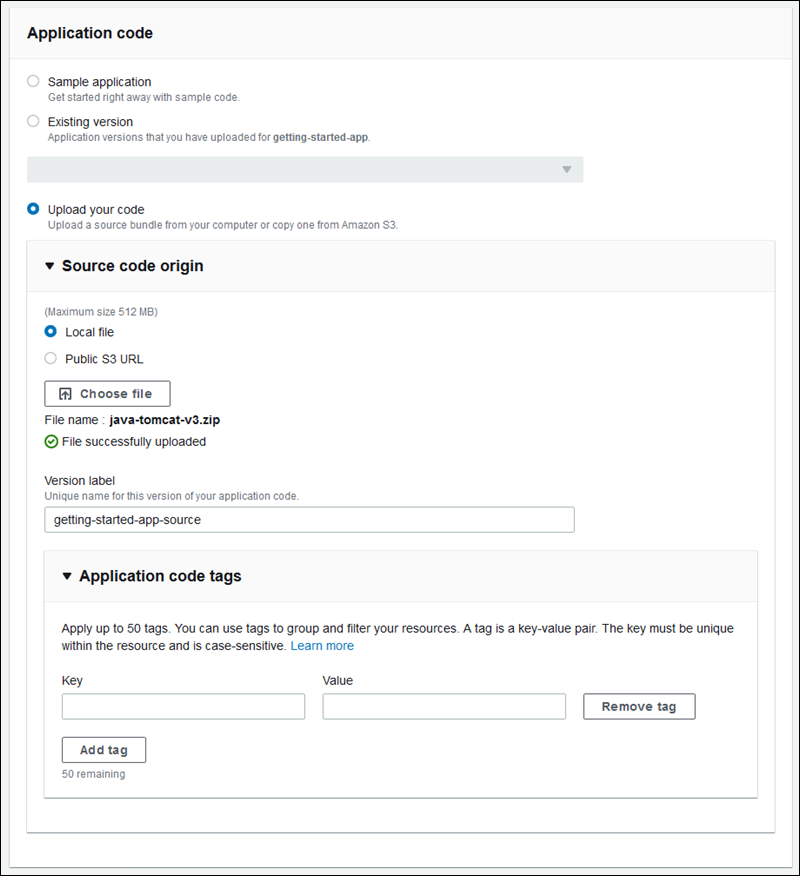 Uploading new application code in the create new environment wizard of the Elastic Beanstalk console