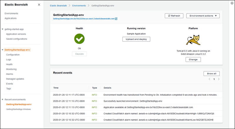 Environment page of the Elastic Beanstalk console