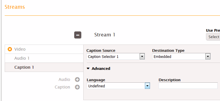 Stream 1 configuration showing caption source, destination type, language, and description fields.