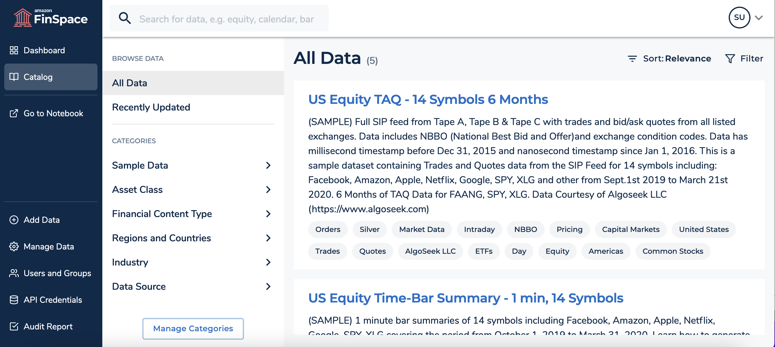 A screenshot of the catalog in FinSpace.
