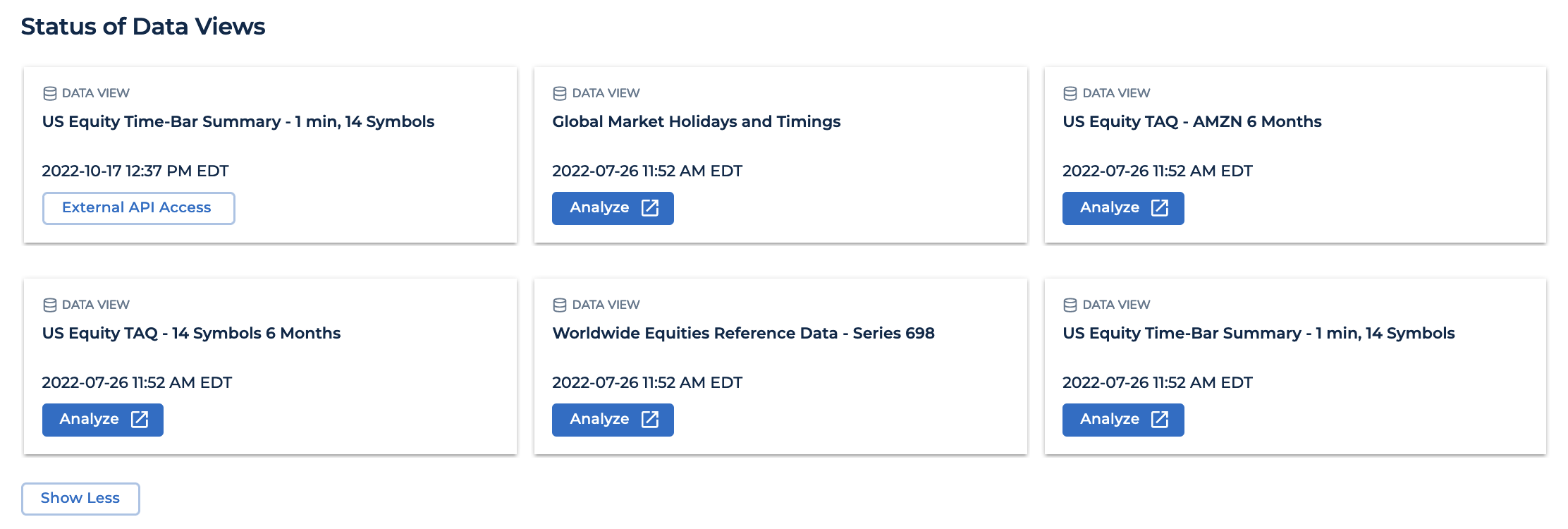 A screenshot that shows the status of data views in FinSpace.