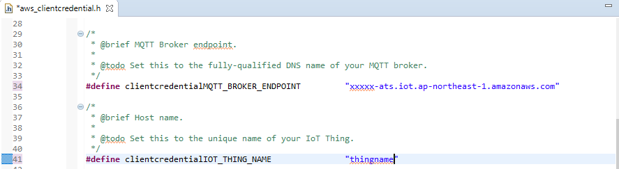 Code snippet showing AWS IoT thing name and broker endpoint configuration settings.