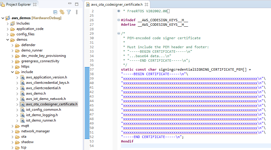 Source code file showing C code defining a PEM-encoded code signer certificate constant string with redacted certificate data.