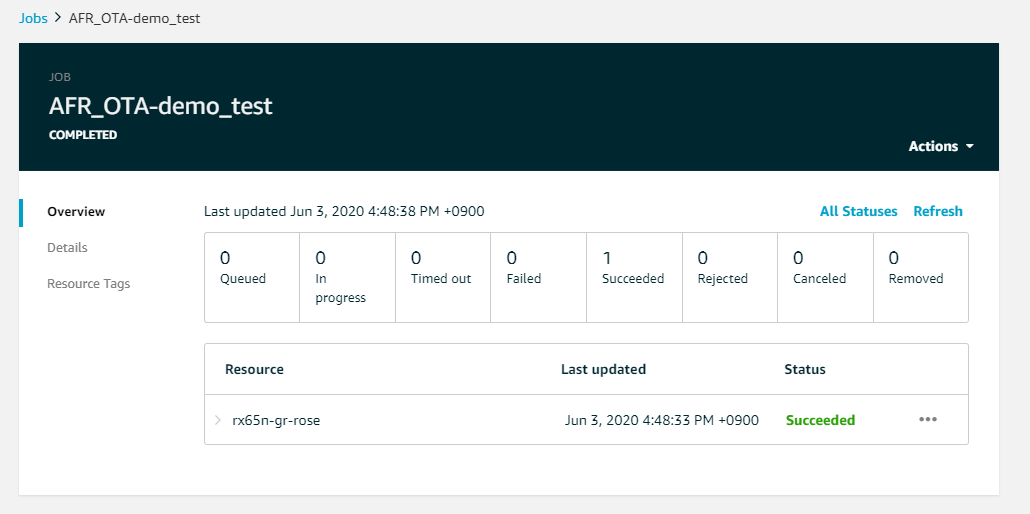 AFR OTA-demo test job overview showing 1 resource succeeded.