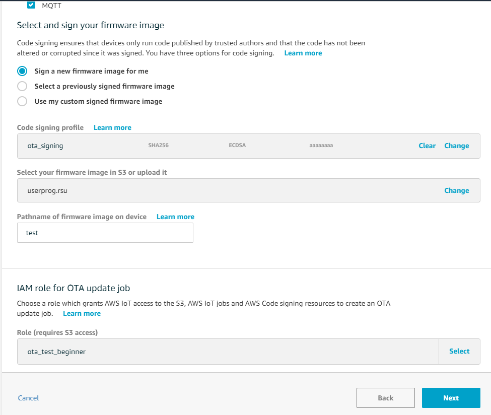Firmware image sign and OTA update settings with options to sign new firmware, select previously signed firmware, use custom signed firmware, specify code signing profile, firmware image file, path on device, and IAM role for OTA update job.