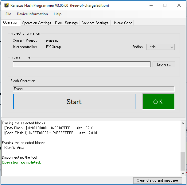 Renesas Flash Programmer window showing erase operation settings, including microcontroller RX Group, option to browse program file, Erase and Start buttons, and status details on selected blocks to erase.