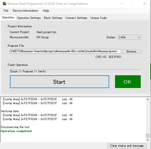Renesas Flash Programmer window showing RX Group microcontroller project details, file path, and flash operation options like Erase, Program, and Verify with Start and OK buttons.