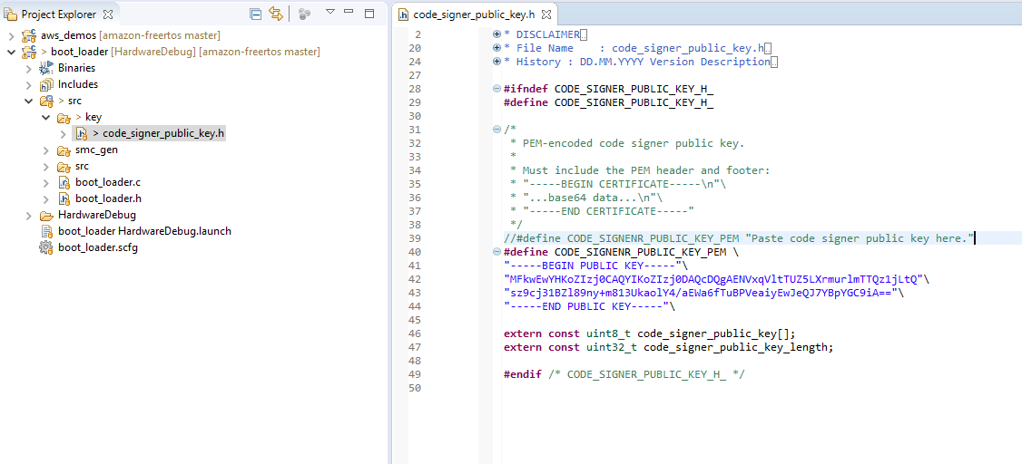 Code editor showing a C header file with definition for CODE_SIGNER_PUBLIC_KEY and a PEM-encoded code signer public key variable.