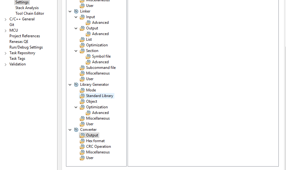 Interface settings tree with options for Stack Analysis, Tool Chain Editor, C/C++ General, MCU, Project References, etc.