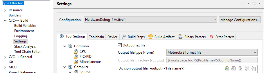 C/C++ Build configuration settings window showing compiler and linker options like output hex file, output file type, output directory, and file division options.