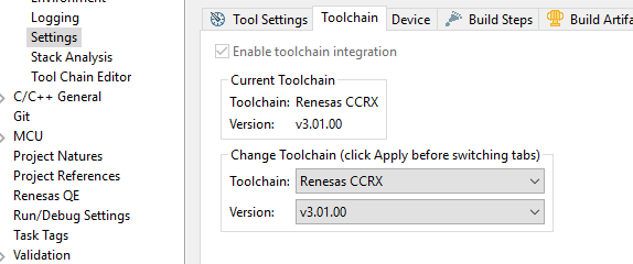 Toolchain integration settings for Renesas CCRX Version v3.01.00, with option to change toolchain.
