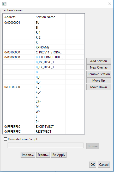 Section viewer window showing memory addresses, section names like SU, SI, registers, and interface components like network buffers, exceptions, and action buttons.