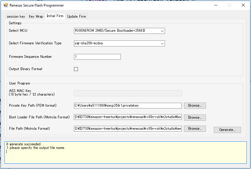 Renesas Secure Flash Programmer window with MCU, firmware verification, sequence number, AES key path, and file path fields.