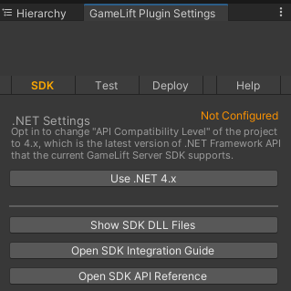 Amazon GameLift Servers plugin for Unity plugin settings menu.