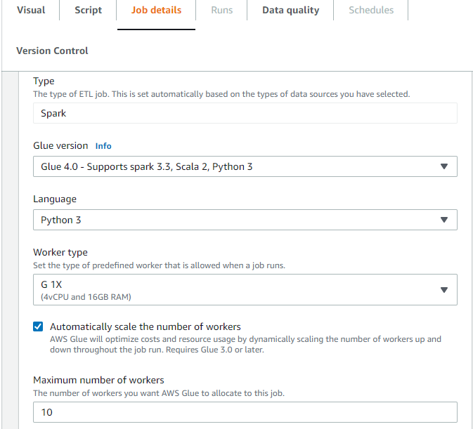 Enabling and configuring Auto Scaling in AWS Glue Studio.