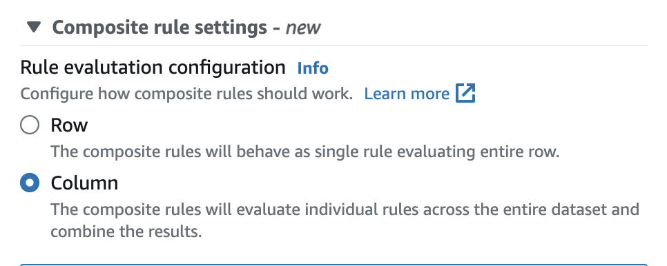 The screenshot shows a composite rule settings window where you can choose the rule evaluation configuration between row and column. If you choose Row, the composite rules will behave as a single rule evaluating entire row. If you choose Column, the composite rules will evaluate individual rules across the entire dataset and combine the results.