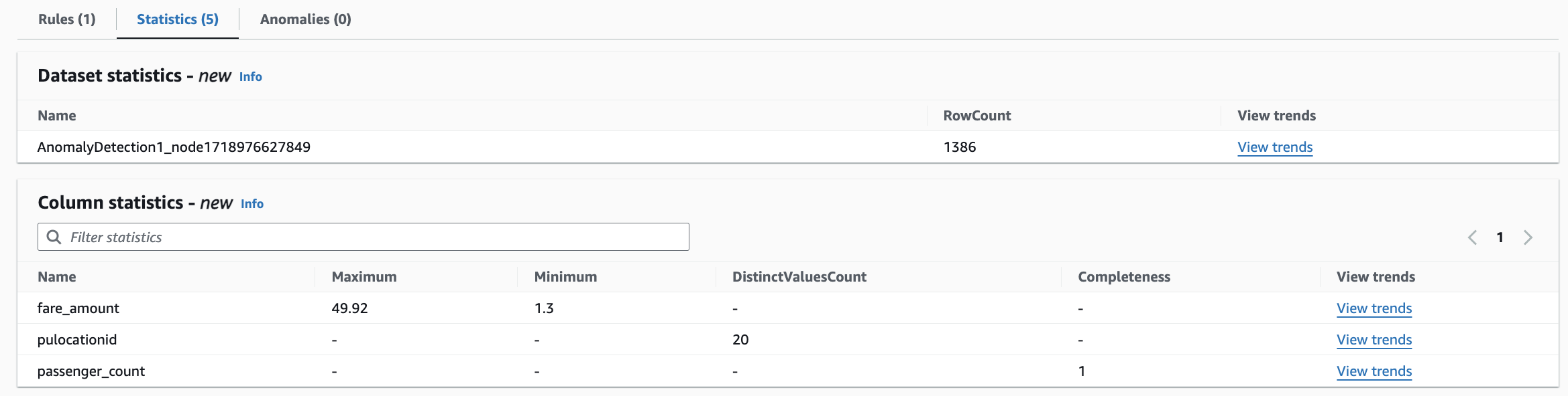 The screenshot shows the Statistics tab with dataset and column statistics.