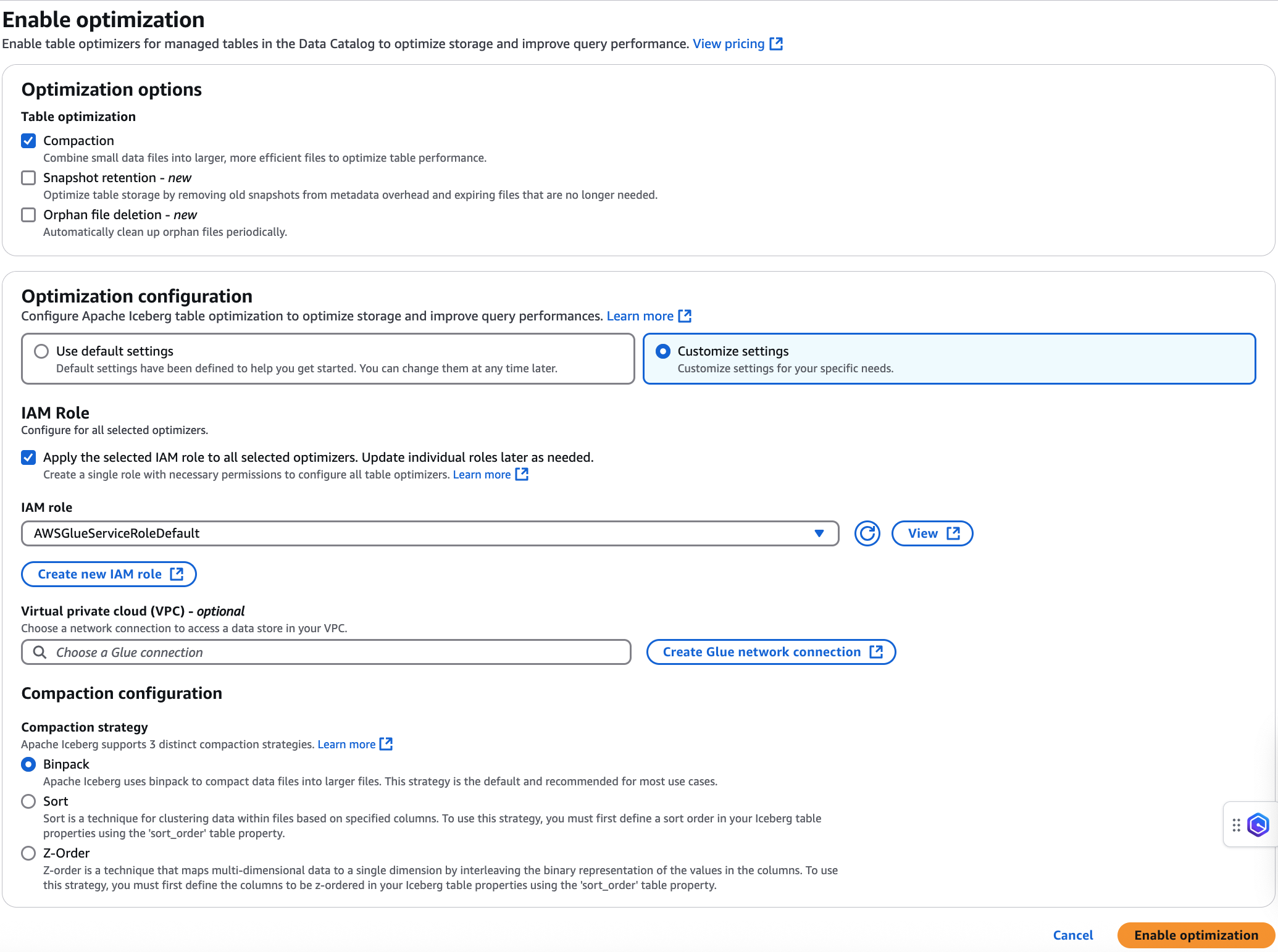 Apache Iceberg table details page with Enable compaction option.