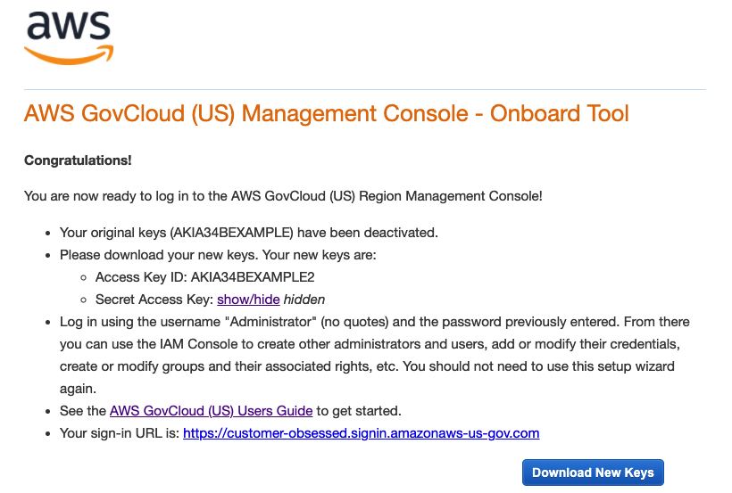 AWS GovCloud (US) Management Console onboarding confirmation with new access key details.