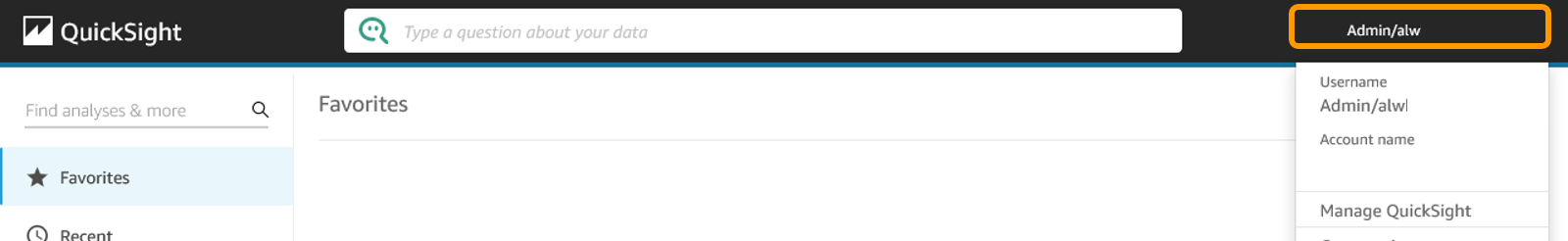 Quicksight page with username drop down in the top right highlighted