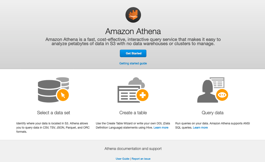 Athena getting started page from the AWS console